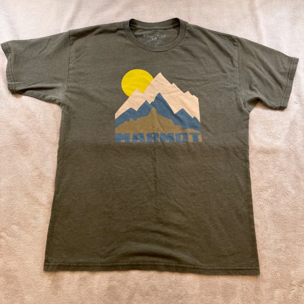 Marmot Thread Mountain Graphic Tee‎ Shirt Olive Green Outdoor Hiking Mens Sz L